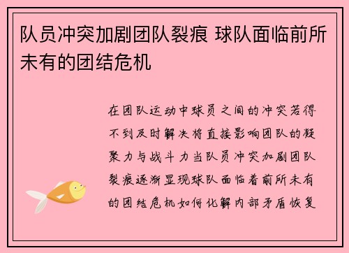 队员冲突加剧团队裂痕 球队面临前所未有的团结危机