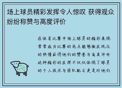 场上球员精彩发挥令人惊叹 获得观众纷纷称赞与高度评价