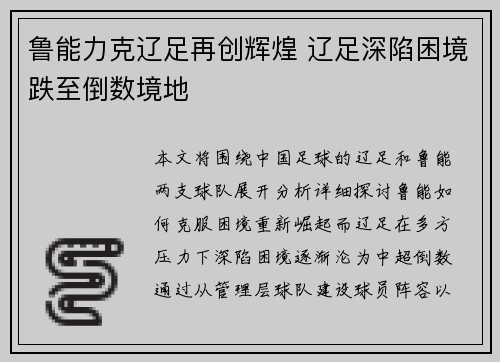 鲁能力克辽足再创辉煌 辽足深陷困境跌至倒数境地