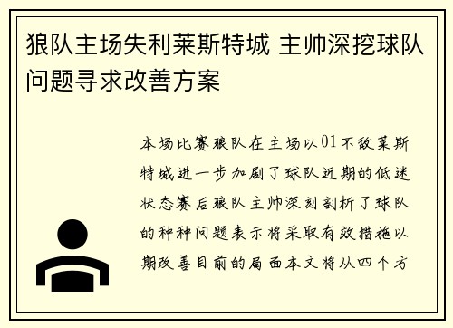 狼队主场失利莱斯特城 主帅深挖球队问题寻求改善方案